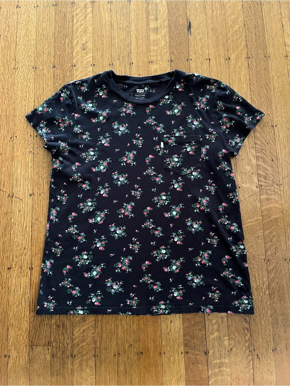 Levi's Vintage Black Floral Pocket Tee with Pink & Green Accents